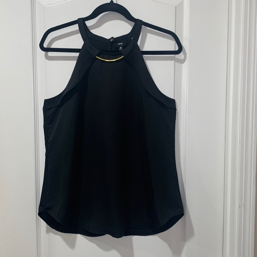 Stitch Fix Fate Orianna Halter sleeveless Blouse, black with gold detail, M